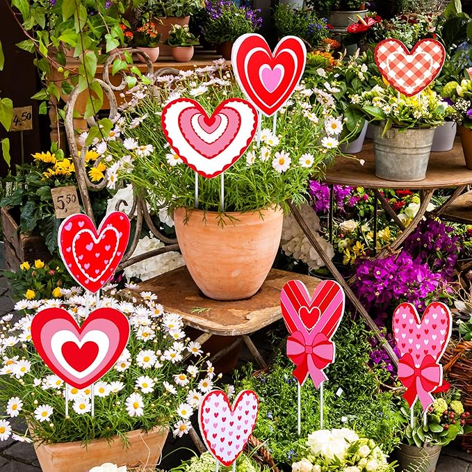 Iceyyyy 12 Pcs Valentine’s Day Heart Shape Planter Stakes-14.6 Inch Heart Decorative Graden Yard Stakes-Valentines Plant Yard Signs for Home Anniversary Party Outdoor Lawn Decor