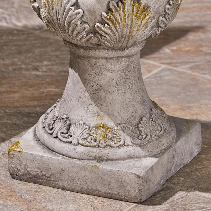 Christopher Knight Home Jorine Patio Planter, Light Concrete Planter, Mid-Centry Gadern Urn, Floral Relif Design Plant Pot, Large Garden Pot, Flower Urn with Drainage Hole for Backyard Home, Gray
