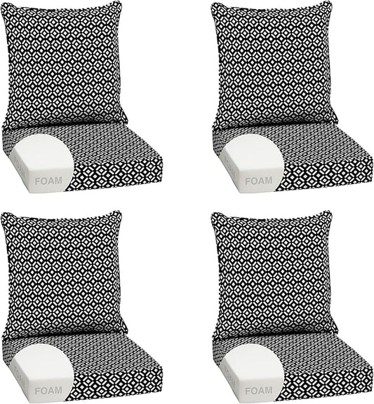Arden Outdoor Foam Deep Seat Cushion Set (4-Pack), 24x24, Premium High-Density Foam, Never Flattens, Weather-Proof for Patio Chair Sofa Couch, Black Demi Tile