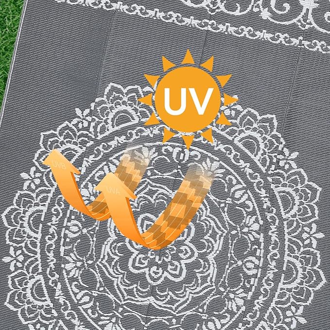 GAOMON Outdoor Patio Rug 8x10 Reversible Camping Mat, Stain-Resistant Plastic Straw Rug, Easy to Clean, Indoor Outdoor Carpet for Porch, Deck, Balcony, Beach, Garden, Grey/White(Medallion)