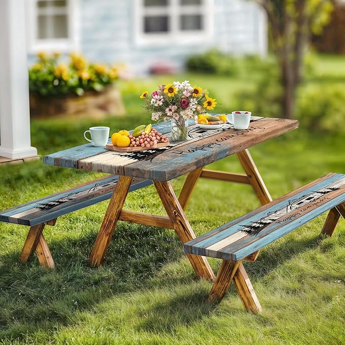3PCS Picnic Table Cover with Bench Cover Wooden Happy Camping Tablecloth Fitted Picnic Picnic Table Cover with Elastic Windproof Waterproof, Outdoor & Garden Camping Accessories Essentials 96IN