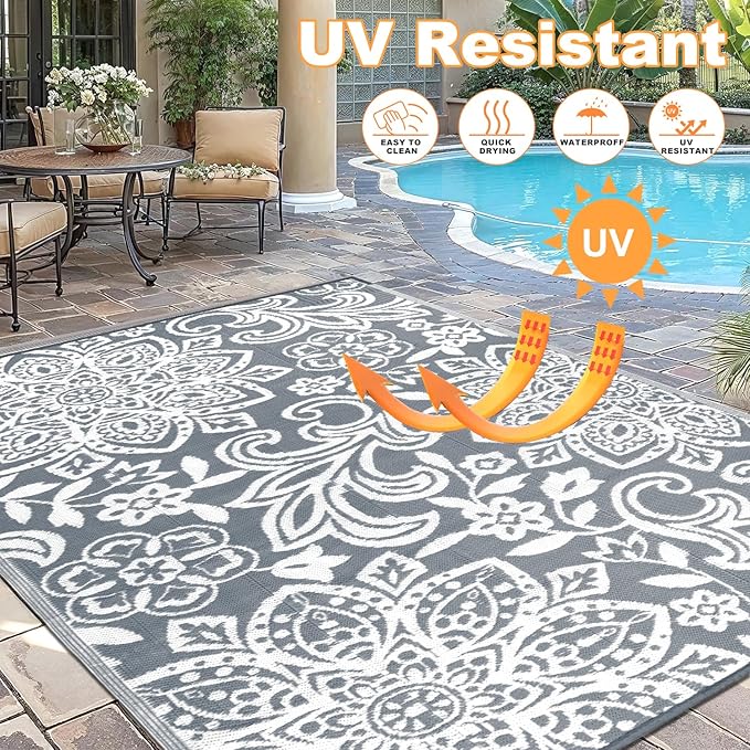 Findosom Waterproof Outdoor Rug 5' x 8' - Reversible Mandala Outdoor Plastic Straw Rug, Durable Foldable Patio Rug for RV, Deck, Balcony, Backyard, Picnic, Porch, Camping, Beach, Gray