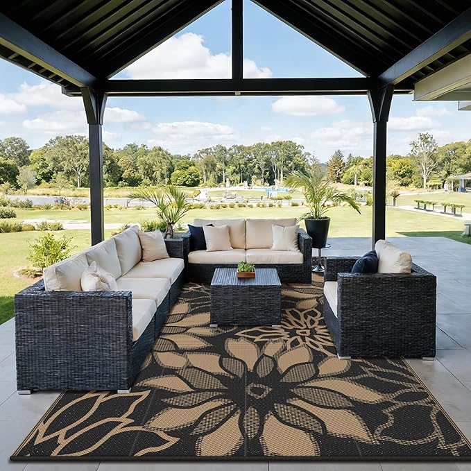 GENIMO Outdoor Rug Waterproof for Patio Decor, 10' x 20' Reversible Plastic Straw Floral Camping Carpet, Large Area Rugs Mats for RV, Camper, Deck, Balcony, Porch, Beach, Picnic, Black & Brown