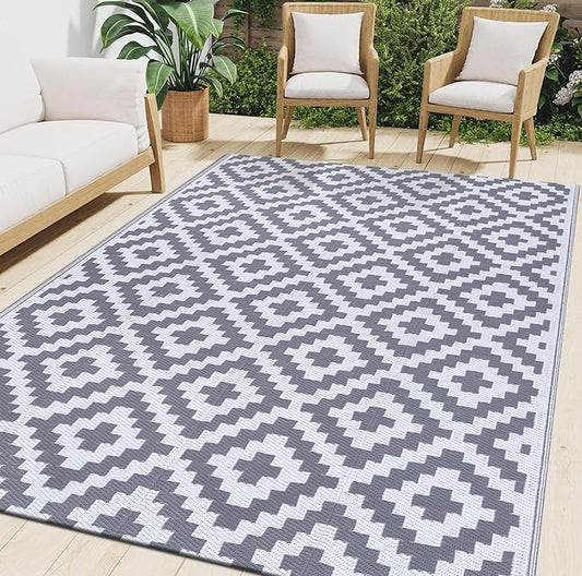 Smiry Waterproof Outdoor Rug 8x10 ft, Reversible Plastic Straw Patio Camping Rugs, Outdoor Indoor RV Mat Carpet for Patio, Outside Entry, Backyard, Deck, Bench, Picnic, Camper, White & Grey