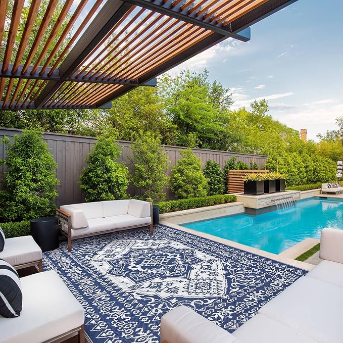 COZYLOOM 8x10 Outdoor Rug Waterproof Reversible Plastic Straw Mat, Large Dark Blue and White Vintage Medallion Patio Area Rug for Deck, Balcony, Camping, Beach, Picnic, Indoor/Outdoor Use