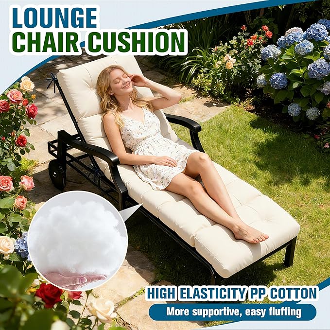 MTMR Chaise Lounge Cushion Outdoor, Non-Slip Chair Cushion for Patio Furniture, Waterproof Outdoor Replacement Seat Pad for Pool Lawn Wicker Couch Bench Loveseat, Long Thick Lounge Cushion, Beige