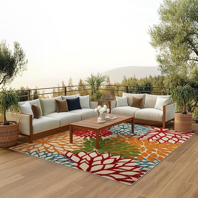 Nourison Home Aloha Indoor/Outdoor Green 6' x 9' Area Rug, Easy Cleaning, Non Shedding, Bed Room, Living Room, Dining Room, Deck, Backyard, Patio (6x9)