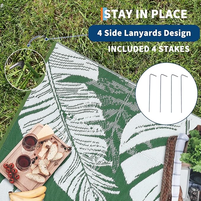 Waterproof Plastic Straw Outdoor Rug 9x18 Patio Reversible UV Resistant Foldable Camping Carpet Modern Leaf Print Large Outdoor Rugs for Deck, Porch, Camper, Balcony, Beach，Green/White