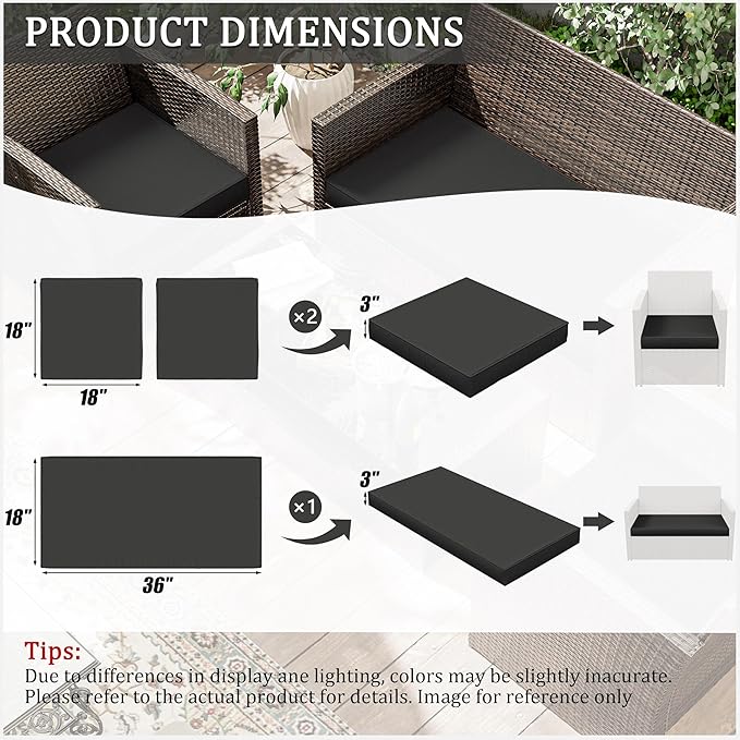 3 Pack Outdoor Replacement Cushions,36L x 18W x 3H,18L x 18W x 3H inch, High-Elastic Replacement Sponge for 4-Seater Water-Resistant Patio/Sofa with Removable Covers (Black)