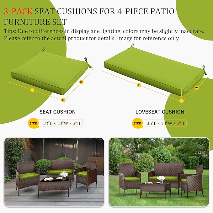 3 Pack Outdoor Replacement Cushions, Fit for 4-Seater Wicker Rattan Patio Conversation Set, 36x18x3,18x18x3, Liner & Cover