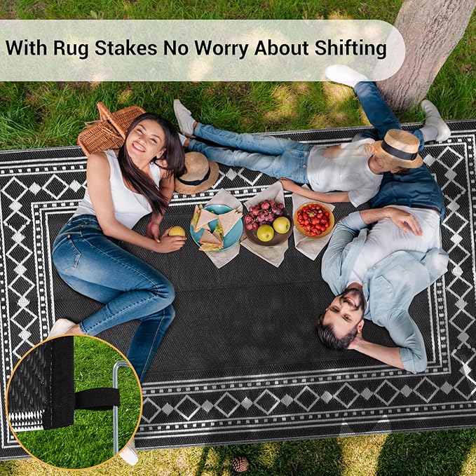 Garvee Modern Geometric Outdoor Rug 9x18, Stylish Reversible Waterproof Floor Mat for Patio Furniture, Deck, Poolside, Camping, RV, Balcony and Backyard Decor