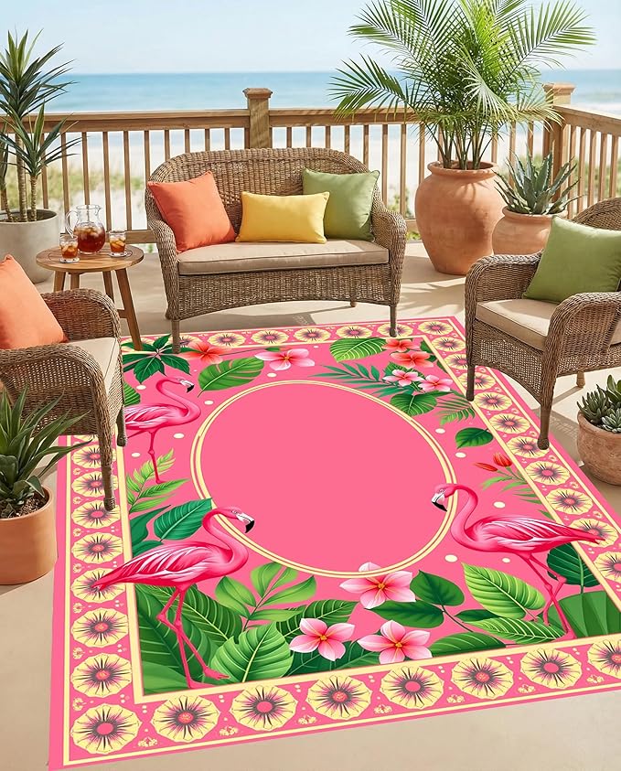 Flamingo Themed Patio Rug Double Layer Flower Border Design Outside Carpet 4x6 Green Pink Floral Waterproof Indoor Outdoor Rugs for Porch Balcony Deck Garden RV Camping Living Room Bedroom