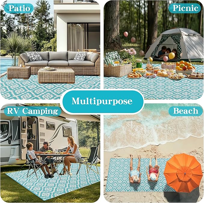 Wallona Outdoor Rugs 9x12 ft Patio Waterproof Clearance Indoor Outdoor Large Carpet for Patio Plastic Straw Reversible Area Rugs Mat for RV, Camping, Balcony, Beach, Picnic, Porch, Brick Teal & White