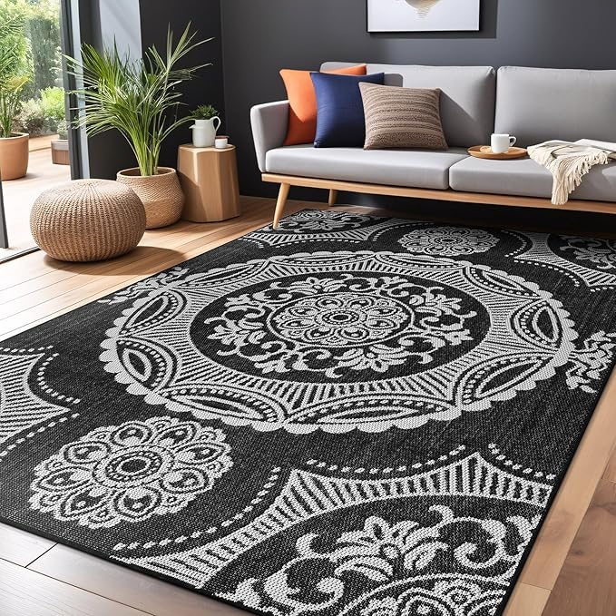 Medallion Outdoor Rug 9x12 Washable Outside Carpet for Indoor Patio Porch Waterproof Easy Cleaning Non Shedding Area Rugs Black 9 x 12