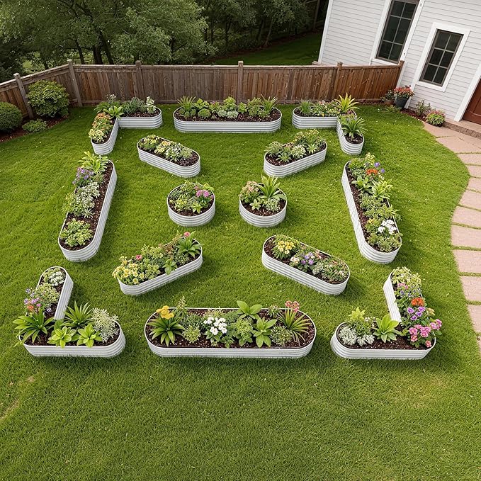 A ANLEOLIFE 14-Piece 18 Inch Tall Raised Garden Beds Kit, Heart-Shaped, Long Oval & Round Metal Planters – Ideal for Creative Garden Layouts, Antique White