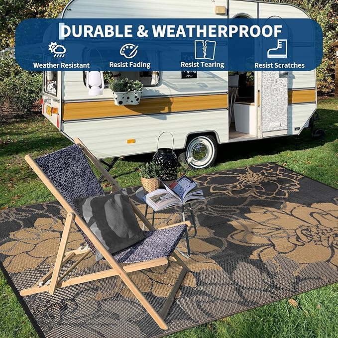 COZYLOOM Outdoor Rug 8x10 Patio Waterproof Plastic Straw Rug Reversible UV Resistant Camping Mat, Foldable Lightweight RV Picnic Mat with Portable Bag, Floral Outdoor Carpet for Yard, Black&Brown