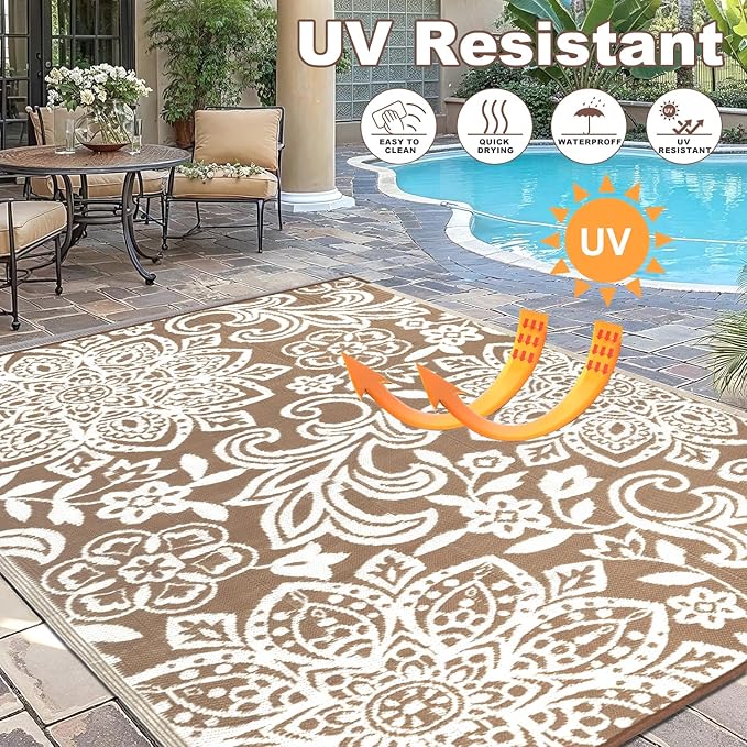 Findosom Waterproof Outdoor Rug 8' x 10' - Reversible Mandala Outdoor Plastic Straw Rug, Durable Foldable Patio Rug for RV, Deck, Balcony, Backyard, Picnic, Porch, Camping, Beach, Brown