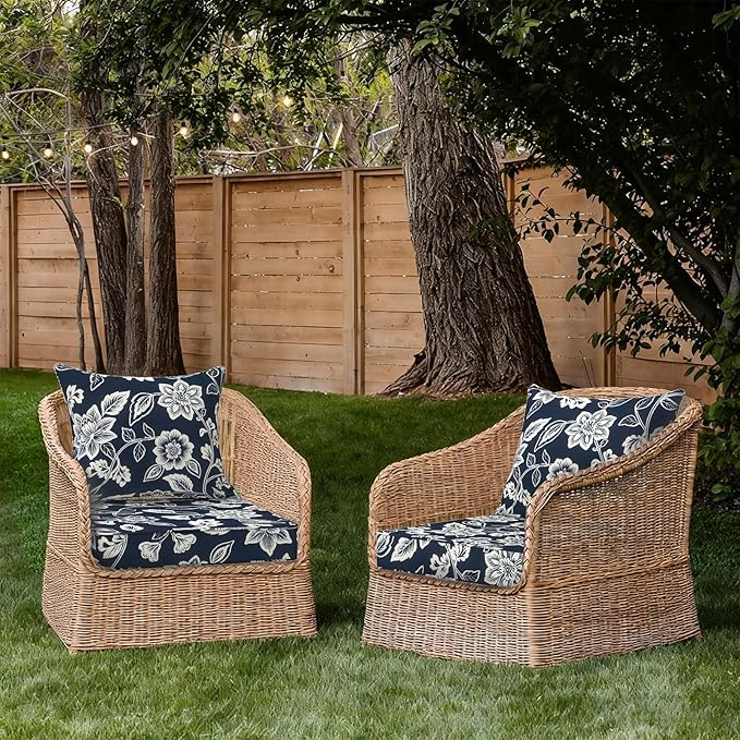 Outdoor Deep Seat Cushion Set, Water Repellent 24"x24" Patio Thick Cushions Replacement with Seat & Back Pillow for Patio Sofa, Wicker Chair, Couch - Vines Navy