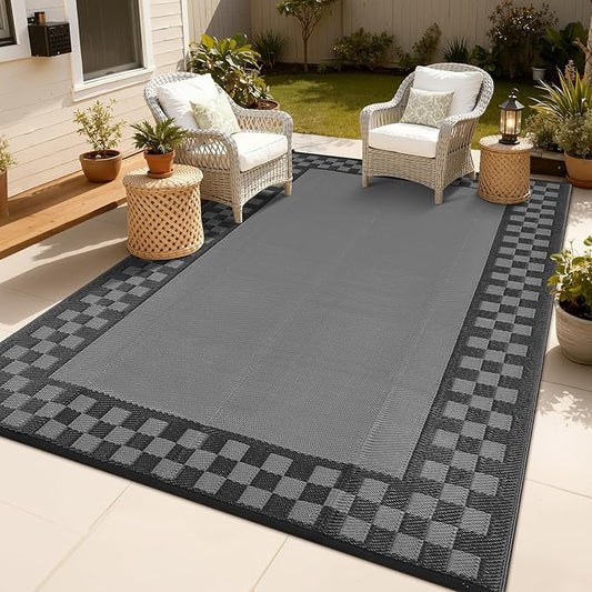 Garvee 8x10 Outdoor Waterproof Rug Reversible Modern Geometric Neutral Outdoor Patio Rug, Weather Resistant Plastic Straw Rugs Portable Camping Carpet for Garden Backyard Balcony,Gray & Black