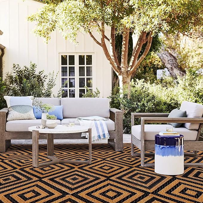 Reversible Mats, Outdoor Patio Rugs, Plastic Straw Rug, Modern Area Rug, Floor Mat for Outdoors, RV, Patio, Backyard, Deck, Picnic, Beach, Trailer, Camping (Diamond Black & Brown, 9' x 12')