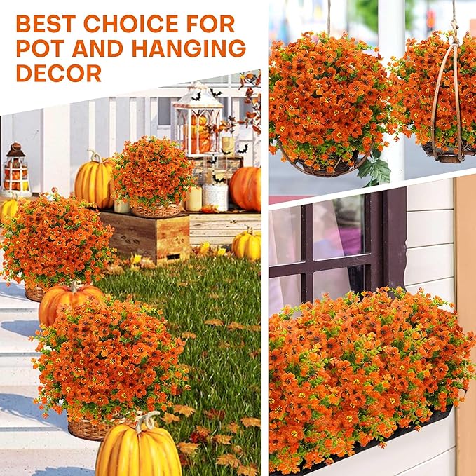 16 Bundles Artificial Mums for Outdoors Garden Home Decoration Fake Mums Decoration UV Resistant Lifelike Faux Silk Daisy for Outside Home Planter Front Porch Patio Thanksgiving Decor Thanksgiving