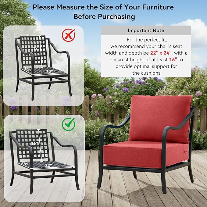 6" Thick Outdoor Cushions 22x24x6, 8-Set Deep Seat Patio Cushions with Removable Cover, Waterproof & Fade Resistant Replacement for Wicker Chair, Loveseat, Sofa - Red