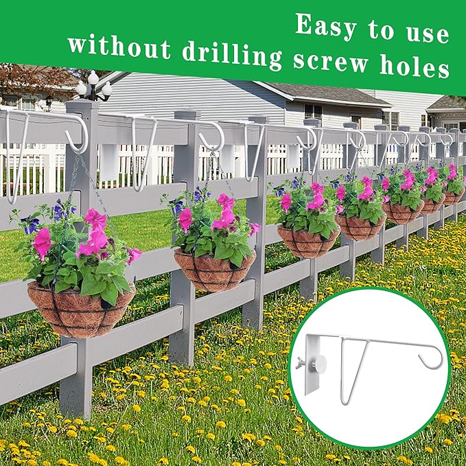 moonoom 2 Pack Adjustable Vinyl Fence Hooks,5 x 10 Inches Durable White Patio Hooks Coated Steel Fence Hangers for Hanging Flower Baskets, Wind Chimes, Planters, Lights (2pcs White)