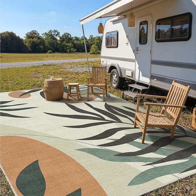 GENIMO Outdoor & Indoor Area Rug 10'x14', Waterproof, Non-Shedding, Easy Cleaning, Leaf Mat for Patio, Living Room, Balcony, Dining Room, RV, Deck, Bedroom, Camping, Outside Carpet, Beige Grey