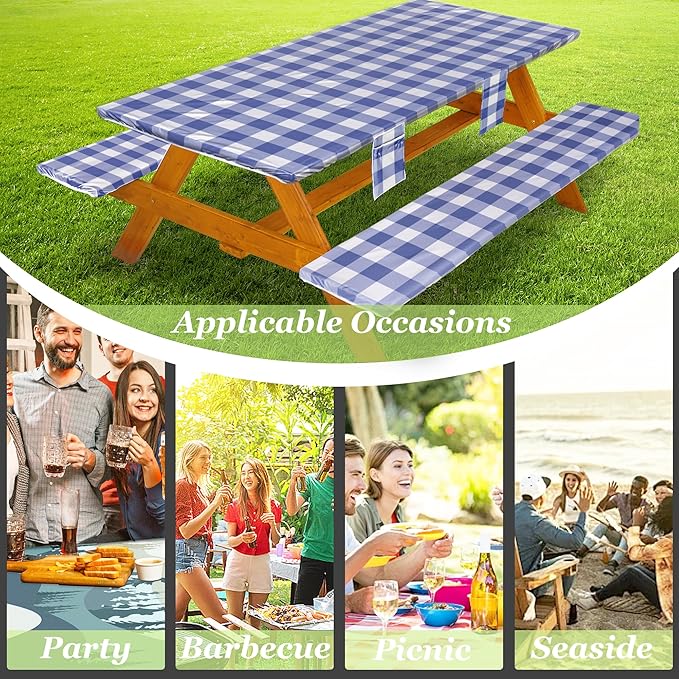 Picnic Table Cover with Bench Covers Vinyl Elastic Edges Fitted Rectangle Seat Tables Waterproof 3-Piece72X30in Set Outdoor Rectangular Folding Backing Tablecloth for Camping Over Size
