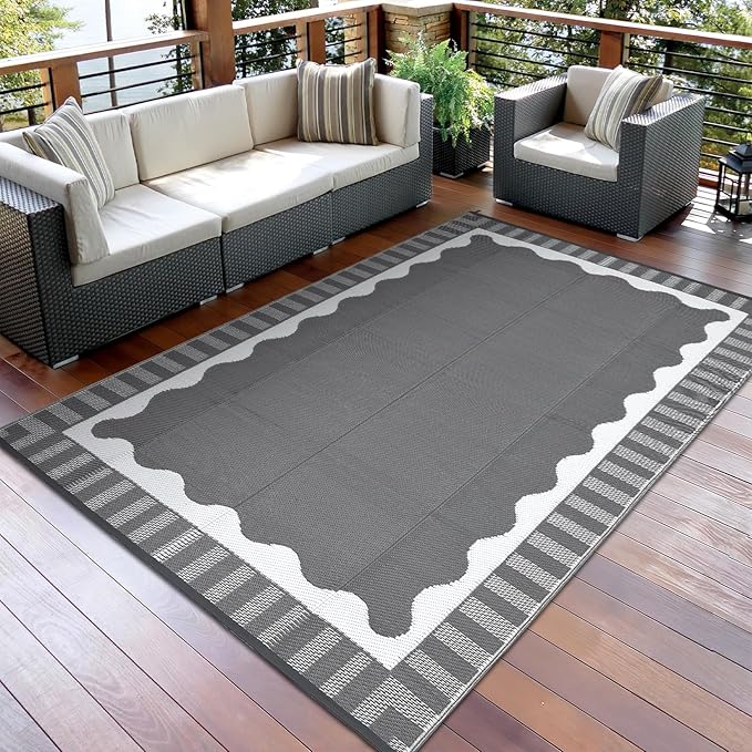 Waterproof Plastic Straw Outdoor Rug 9x18 Patio Reversible UV Resistant Foldable Camping Carpet Scalloped Border Large Outdoor Rugs for Deck, Picnic, Porch, Camper, Balcony, Beach，Grey