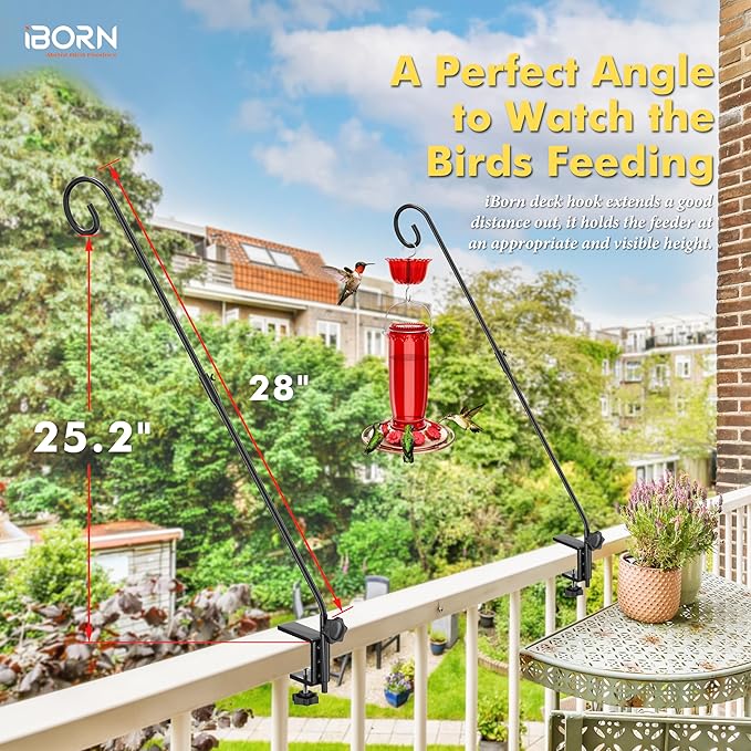 iBorn Deck Hook for Bird Feeder, Hummingbird Feeder Hanger for Deck Railing, Heavy Duty Deck Hanger for Outdoors Hanging, 360° Rotatable Arm, Solid Wire, 28 Inch, Pack of 1