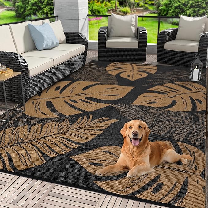 COZYLOOM Outdoor Rug 8x10 Patio Rugs Waterproof Plastic Straw Rug Reversible UV Resistant Camping Mat, Foldable Lightweight RV Picnic Mat with Portable Bag, Modern Outdoor Carpet for Yard, Brown