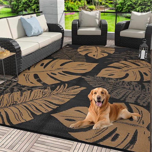 COZYLOOM Outdoor Rug 8x10 Patio Rugs Waterproof Plastic Straw Rug Reversible UV Resistant Camping Mat, Foldable Lightweight RV Picnic Mat with Portable Bag, Modern Outdoor Carpet for Yard, Brown