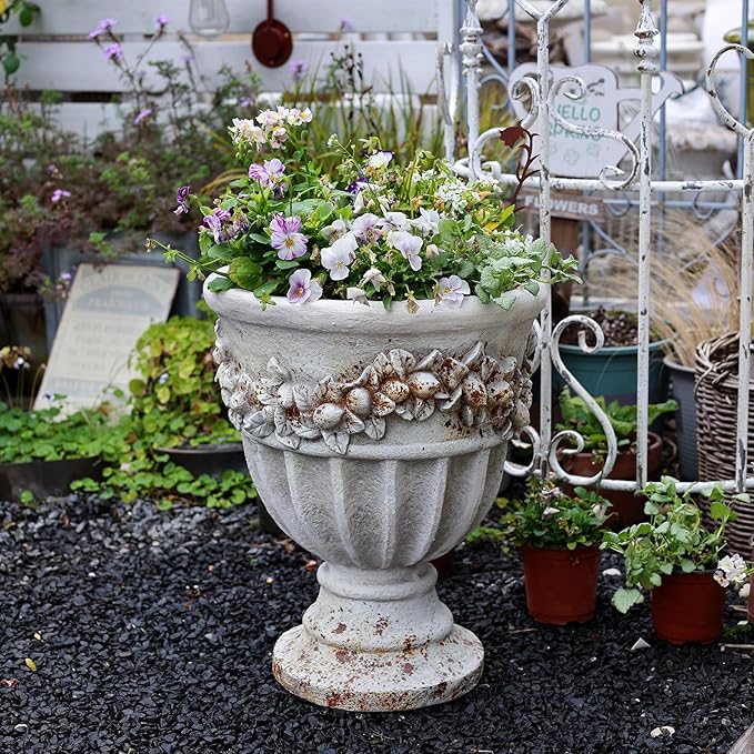 VISIBLE Vintage European Giant Garden Urn Planter, Decorative Cement and Fiber Flower Pot, Make Rust Finished, Wrap Foam Safely Delivered from Local Warehouse (Country, Large)