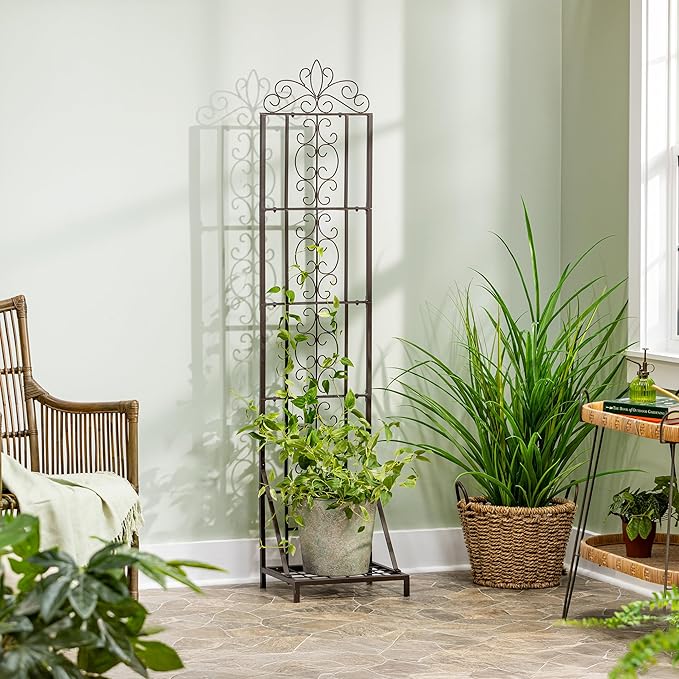 Evergreen Garden Montebello Metal Plant Stand with Lattice Trellis for Climbing Plants, Floor Tall Plant Stand Indoor and Outdoor for Patio, Porch, Garden