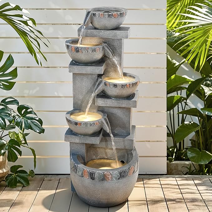 33" H 4-Tier Fountain Outdoor, Modern Resin Pebble Tabletop Water Feature Outdoor with LED Lights, Soothing Cascading Waterfall for Patio, Backyard, Garden or Porch