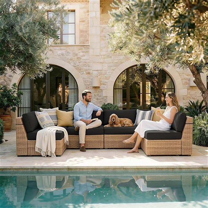 Outdoor Replacement Cushions for Patio Furniture, 5" Foam High-Density, 14-Piece Water-Resistant Outdoor Cushion for 6-Seat Sectional Patio Conversation Sets, Liner&Cover