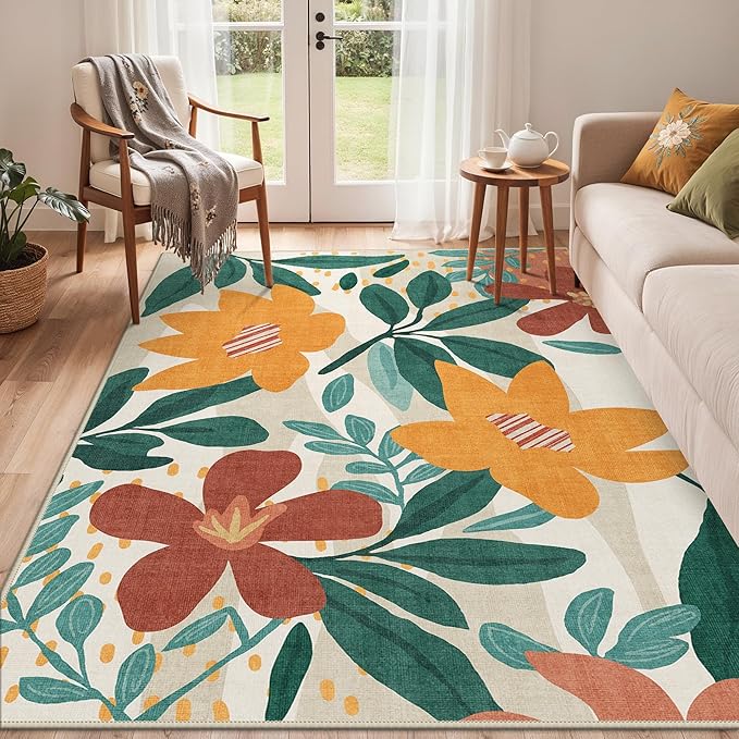 GENIMO Indoor Outdoor Area Rug 5'x8', Machine Washable Rugs for Patio, Waterproof, Non-Slip Easy Cleaning Floral Outdoor Mat Carpet for Living Room, Bedroom, RV, Balcony, Deck, Camping,Sage Orange