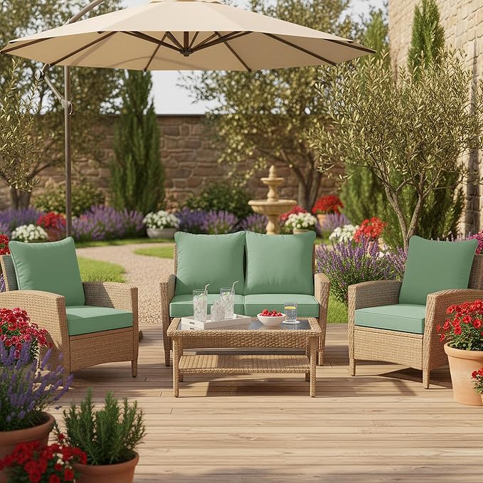Outdoor Cushions for Patio Furniture, Double-Sided Waterproof Backrest and Deep Seat Cushion Set with Removable Cover, 22 x 22 Inch, Sage Green, Set of 4