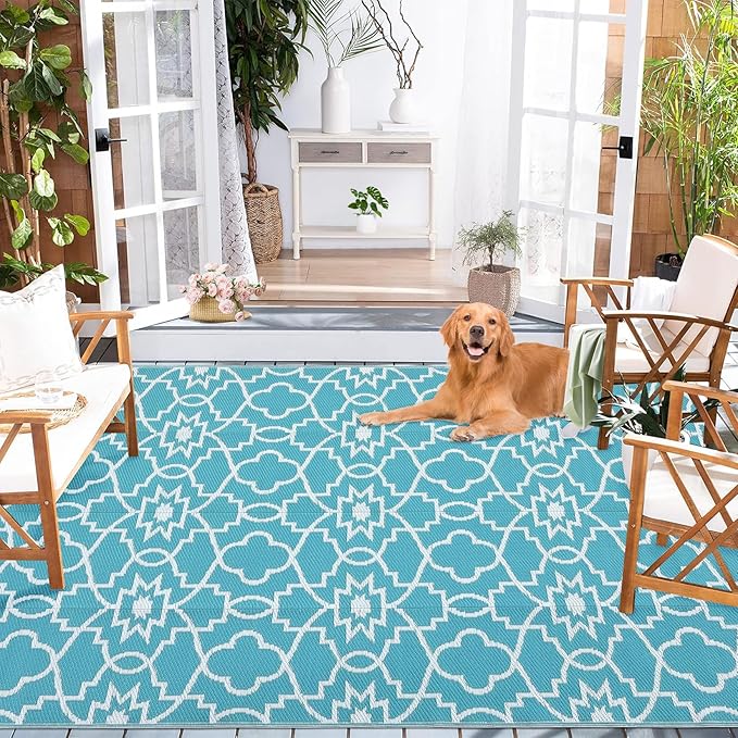 GAOMON Large Outdoor Camping Rug 9x18 Geometric Floral Reversible Outdoor Carpet, Foldable Modern Plastic Straw Patio Rug, Portable Outside Floor Mats for Porch, Beach, Balcony, Teal/White(Floral)