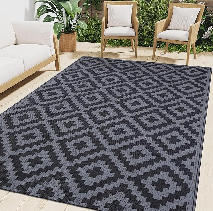Smiry Waterproof Outdoor Rug 9x12 ft, Reversible Plastic Straw Patio Camping Rugs, Outdoor Indoor RV Mat Carpet for Patio, Outside Entry, Backyard, Deck, Bench, Picnic, Camper, Black & Grey