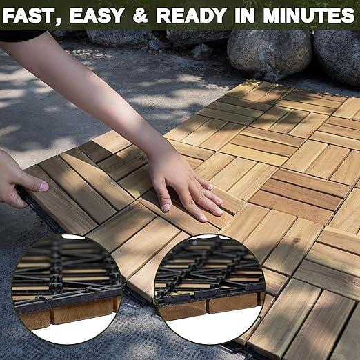 Acacia Wood Flooring Interlocking Deck Tiles for Patio Decor 9 Pcs 12 Slats VR White Oak - Waterproof Indoor & Outdoor Decor - Balcony Garden Decking Tile (12.2 * 12.2 * 0.7 inches)