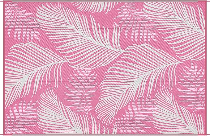 Pauwer Waterproof Outdoor Rug 6x9, Reversible Plastic Straw Patio Camping Rug, Indoor Outdoor RV Mat Carpet for Deck, Camper, Porch, Balcony, Backyard, Picnic, Leaf Pink