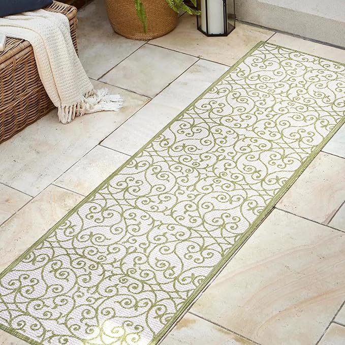 JONATHAN Y Vintage Filigree Indoor Outdoor Runner Rug 2X8 Green/Cream, Madrid Textured Weave for Backyard, Patio, Porch, Easy-Cleaning, High Traffic, Pet-Friendly, Non-Shedding (SMB107H-28)