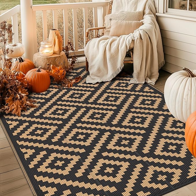 GENIMO Outdoor Rug 4x6 Waterproof, Reversible Mats, Outdoor Area Rug, Plastic Outside Carpet, Eeometric Rv Mat for Patio Camping Rv Picnic Backyard Deck Balcony Porch Beach Trailer (Black & Brown)