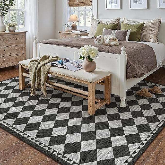 HUGEAR 6x9 Outdoor Rug Black/Grey Linen-Look Fabric Checkered Area Rug High Traffic Stain Resistant Easy Clean Durable Rugs for Indoor/Outdoor Patio Deck Balcony Porch Garden Courtyard