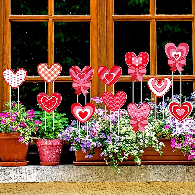 Iceyyyy 12 Pcs Valentine’s Day Heart Shape Planter Stakes-14.6 Inch Heart Decorative Graden Yard Stakes-Valentines Plant Yard Signs for Home Anniversary Party Outdoor Lawn Decor