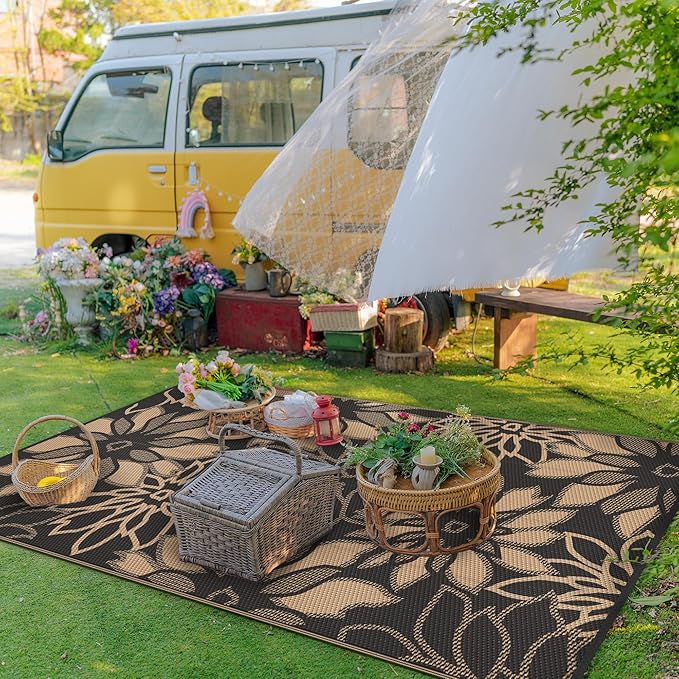 GENIMO Outdoor Rug Waterproof for Patio Decor, 6' x 9' Reversible Plastic Straw Floral Camping Carpet, Large Area Rugs Mats for RV, Camper, Deck, Balcony, Porch, Beach, Picnic, Black & Brown