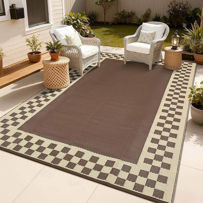 Garvee Outdoor Waterproof Rug 9x18 Large Modern Neutral Outdoor Patio Rugs, Reversible Fade-Proof & Weather Resistant Large Area Rug Mats for Rv Deck Porch Picnic Beach Balcony,Brown & Beige
