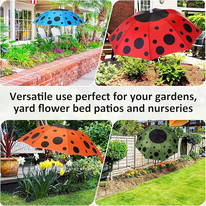 4 Pack Plant Umbrellas for Outdoor Plants, Upgraded Joints-enhanced Wind Resistance, Adjustable Height, Large Garden Umbrella Shade for Potted Plants Bed Flower Pot(Ladybug Mixed Color)